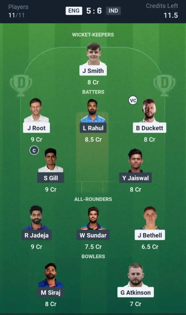 ENG vs IND Dream11 Prediction Grand League Team 