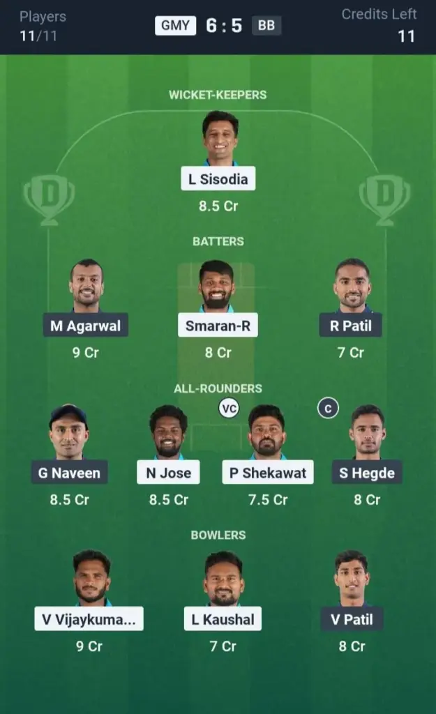 GMY vs BB Dream11 Prediction Grand League Team