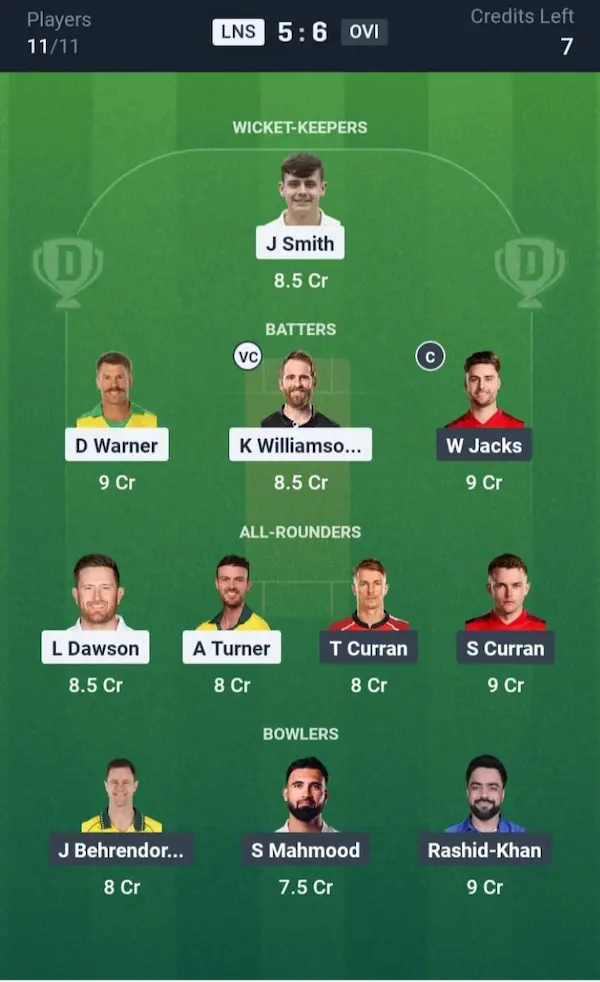 LNS VS OVI Dream11 Prediction Grand League Team 