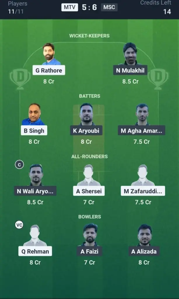 MTV VS MSC Dream11 Prediction Grand League Team