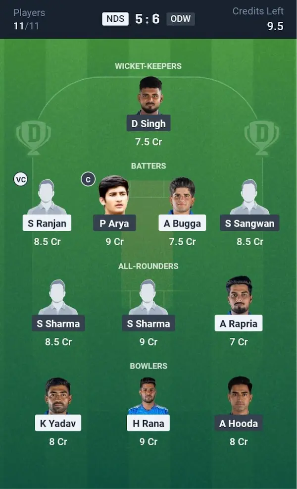NDS VS ODW Dream11 Prediction Grand League Team