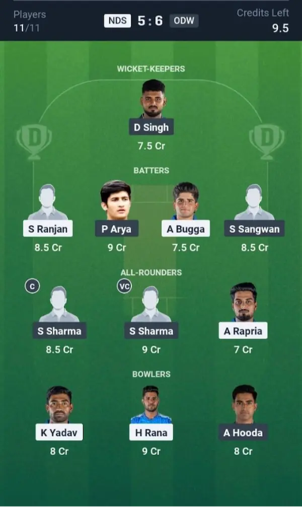 NDS VS ODW Dream11 Prediction Small League Team 