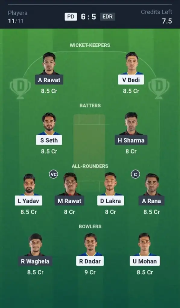 PD VS EDR Dream11 Prediction Grand League Team