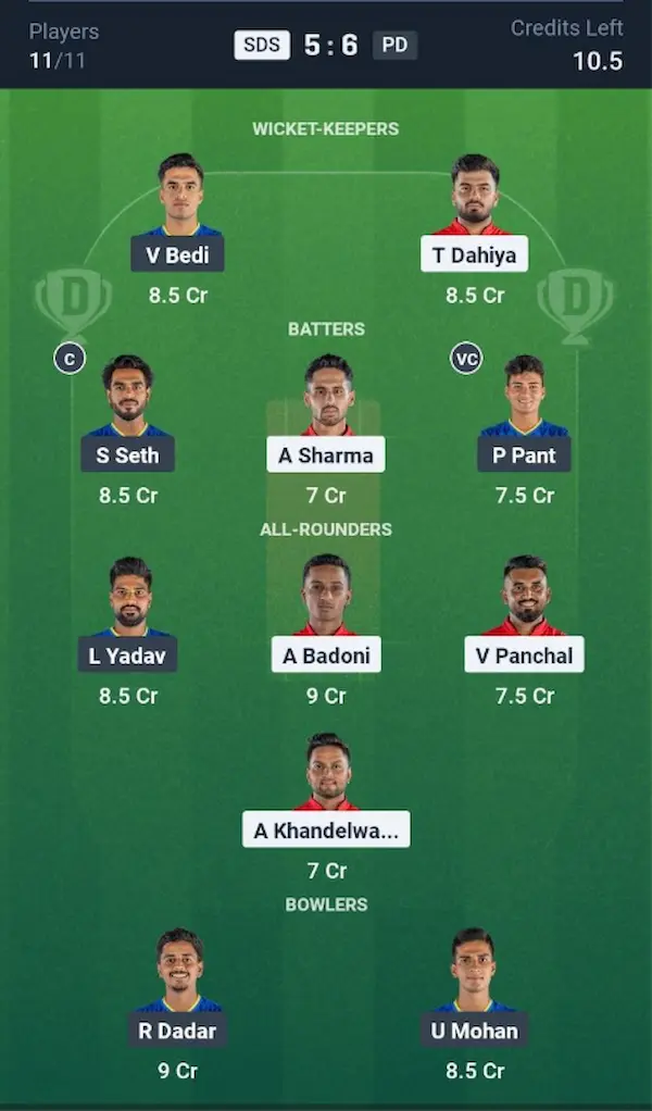 SDS VS PD Dream11 Prediction Grand League Team 