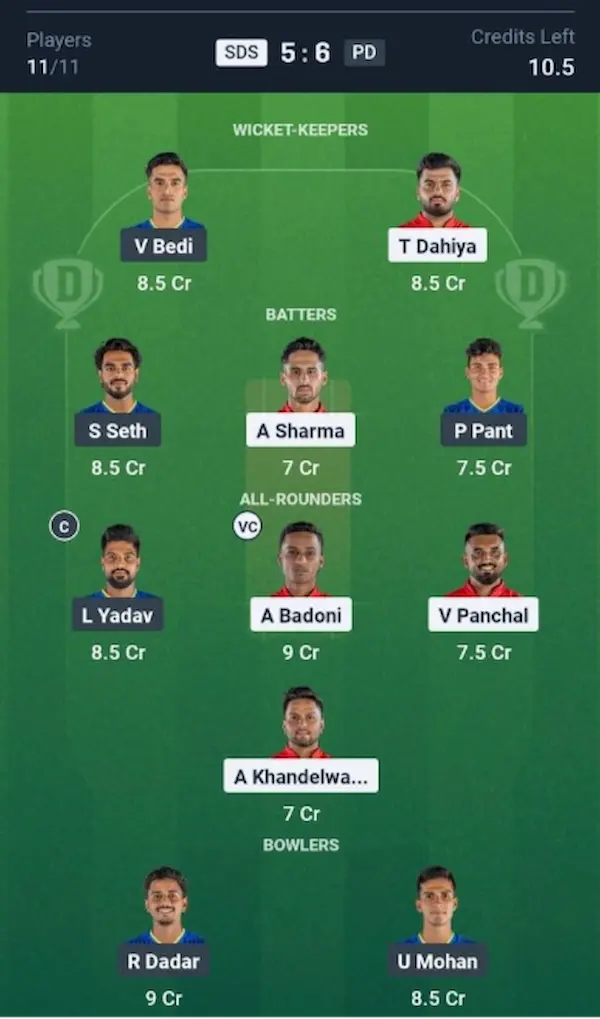 SDS VS PD Dream11 Prediction Small League Team 