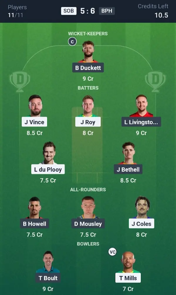 SOB VS BPH Dream11 Prediction Grand League Team