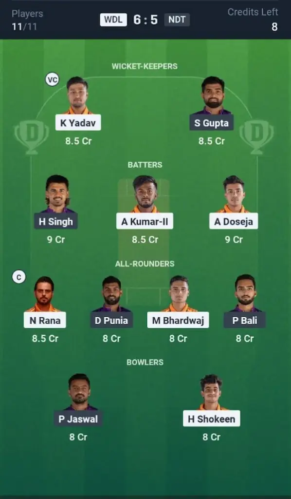WDL VS NDT Dream11 Prediction Grand League Team