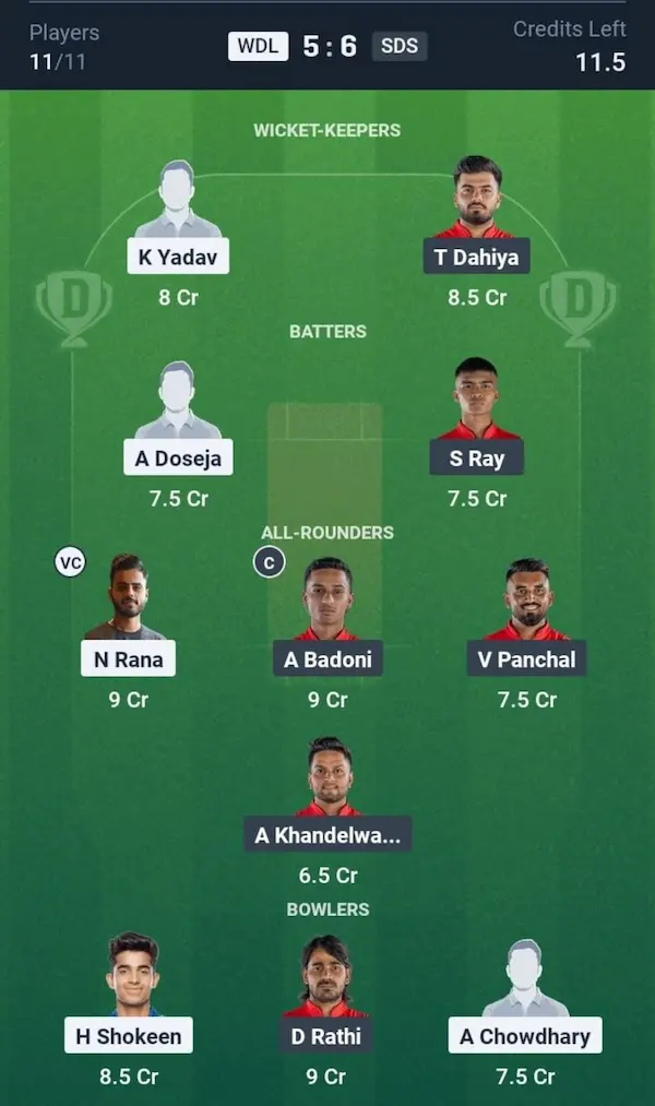 WDL VS SDS Dream11 Prediction Grand League Team 