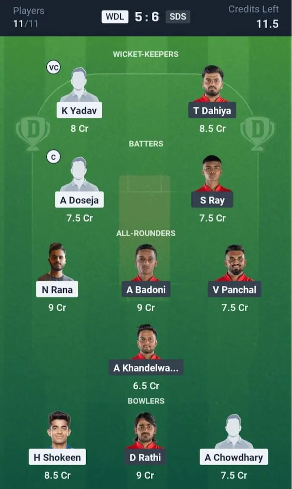 WDL VS SDS Dream11 Prediction Small League Team 