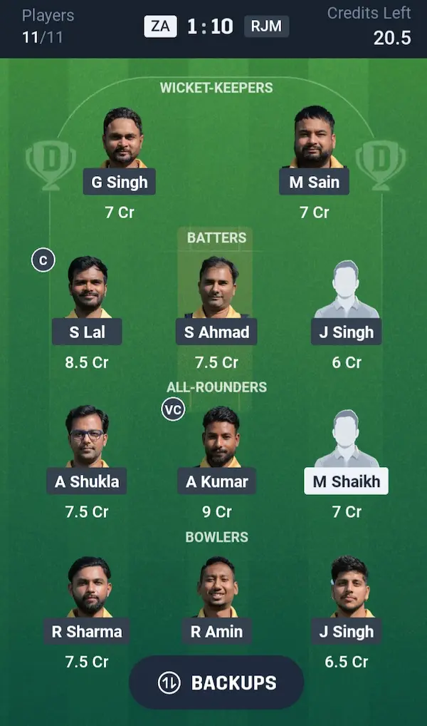 ZA vs RJM Dream11 Prediction Small League Team