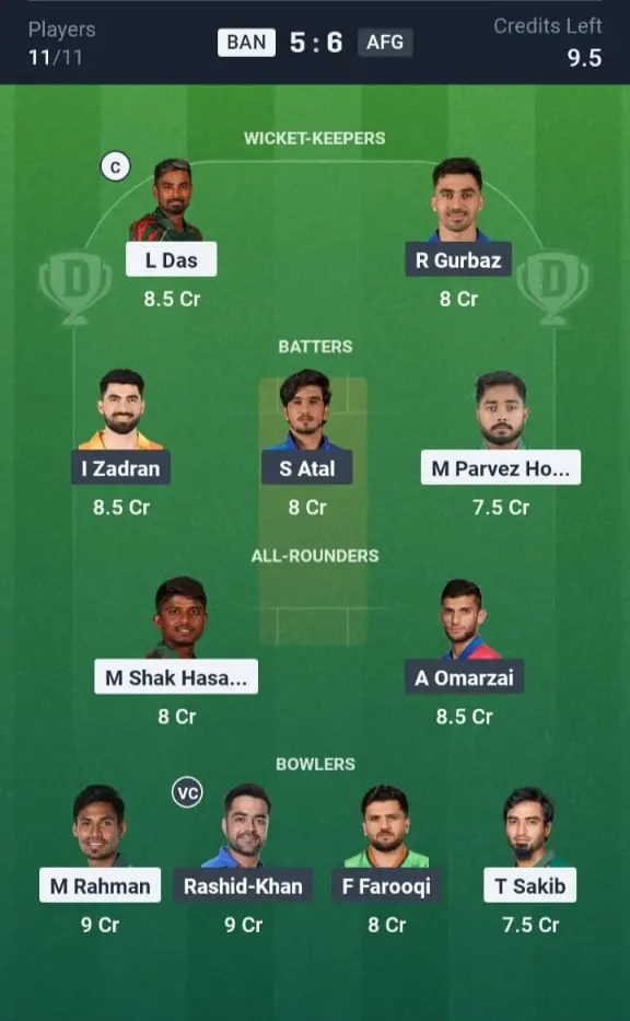 BAN VS AFG Dream11 Prediction Grand League Team