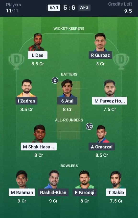 BAN VS AFG Dream11 Prediction Small League Team