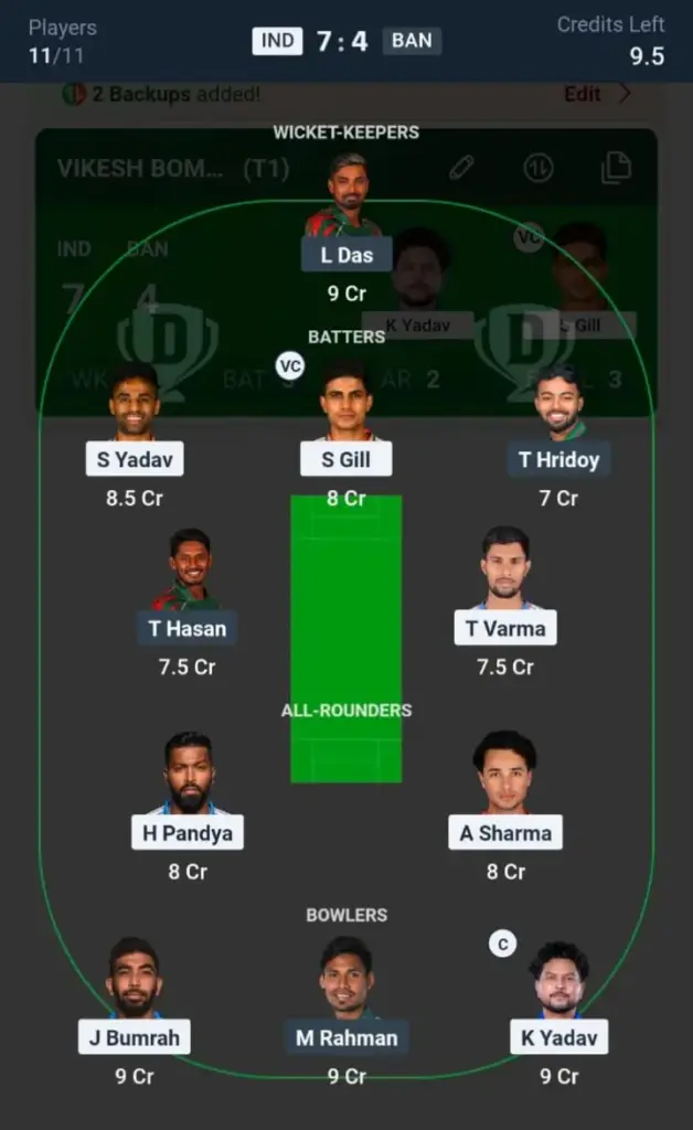 IND VS BAN Dream11 Prediction Grand League Team