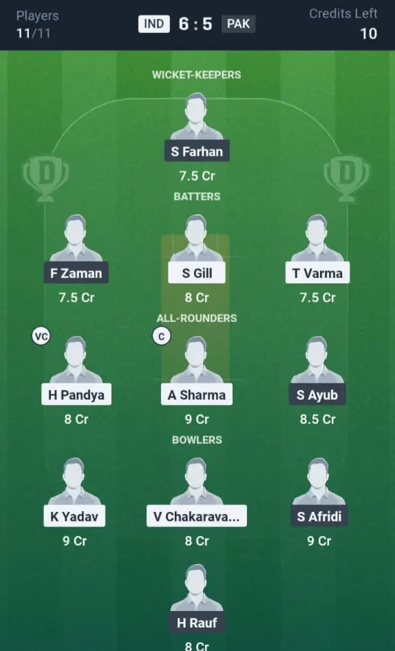 IND VS PAK Dream11 Prediction Grand League Team