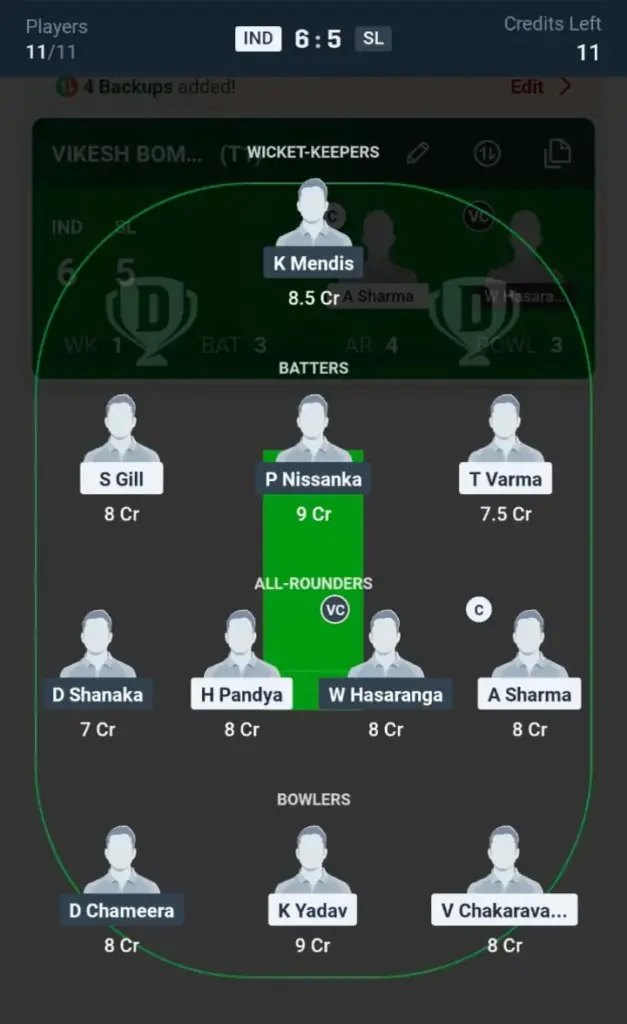 IND VS SL Grand League Team