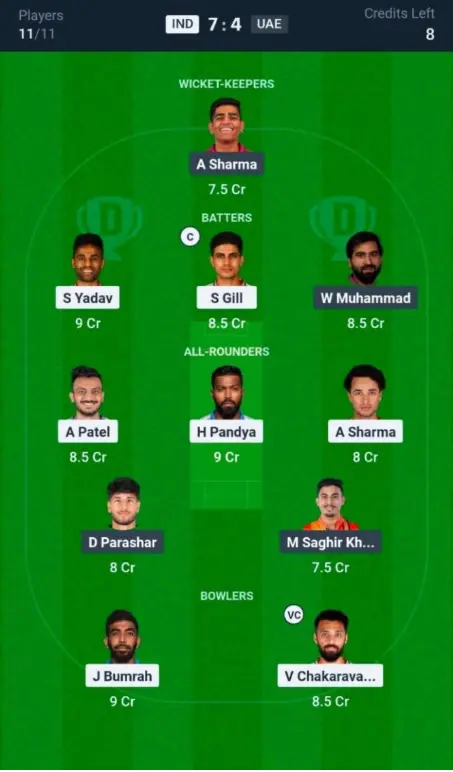 IND VS UAE Dream11 Prediction Grand League Team 