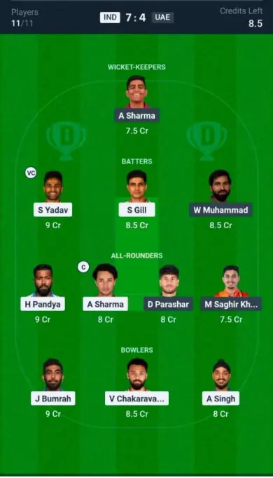 IND VS UAE Dream11 Prediction Small League Team 
