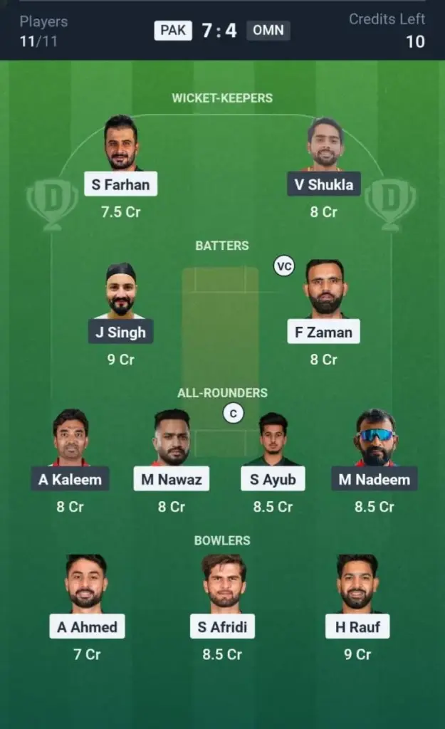 PAK VS OMN Dream11 Prediction Grand League Team