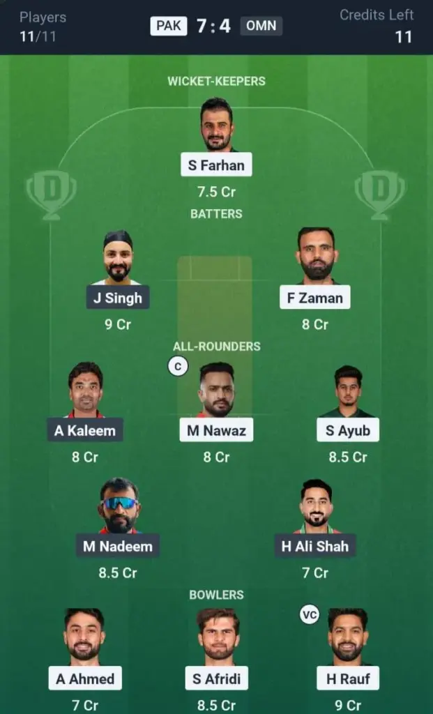 PAK VS OMN Dream11 Prediction Small League Team