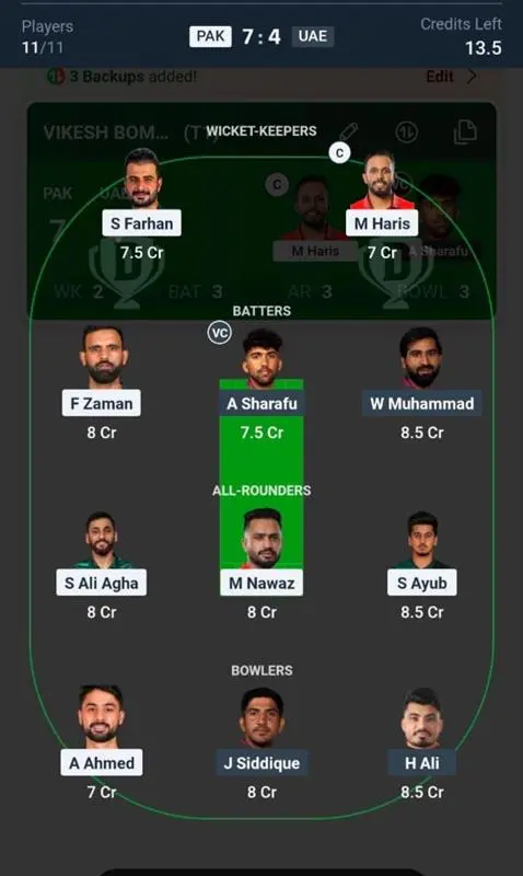 PAK VS UAE Dream11 Prediction Grand League Team