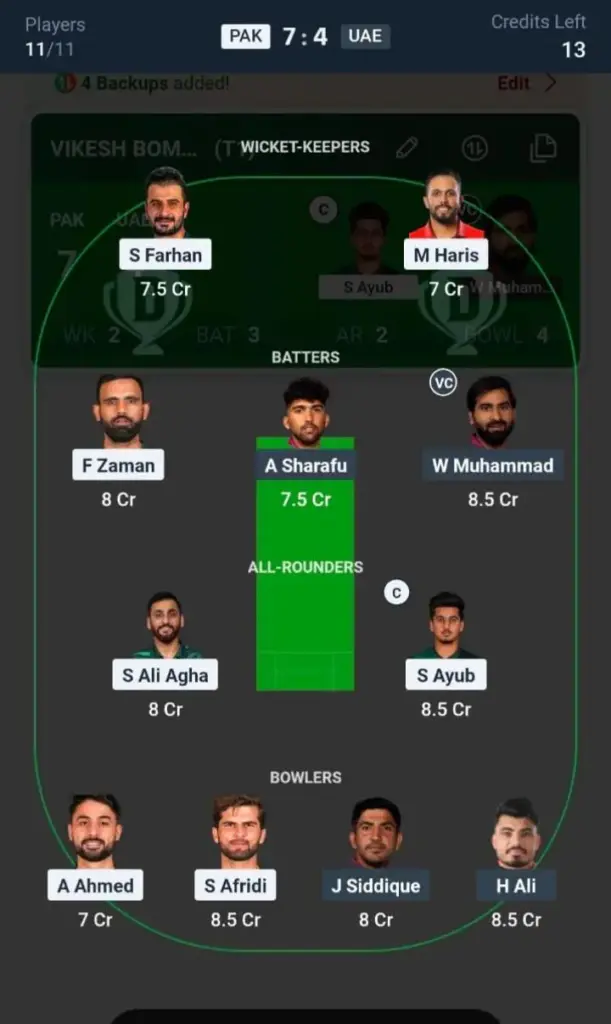 PAK VS UAE Dream11 Prediction Small League Team