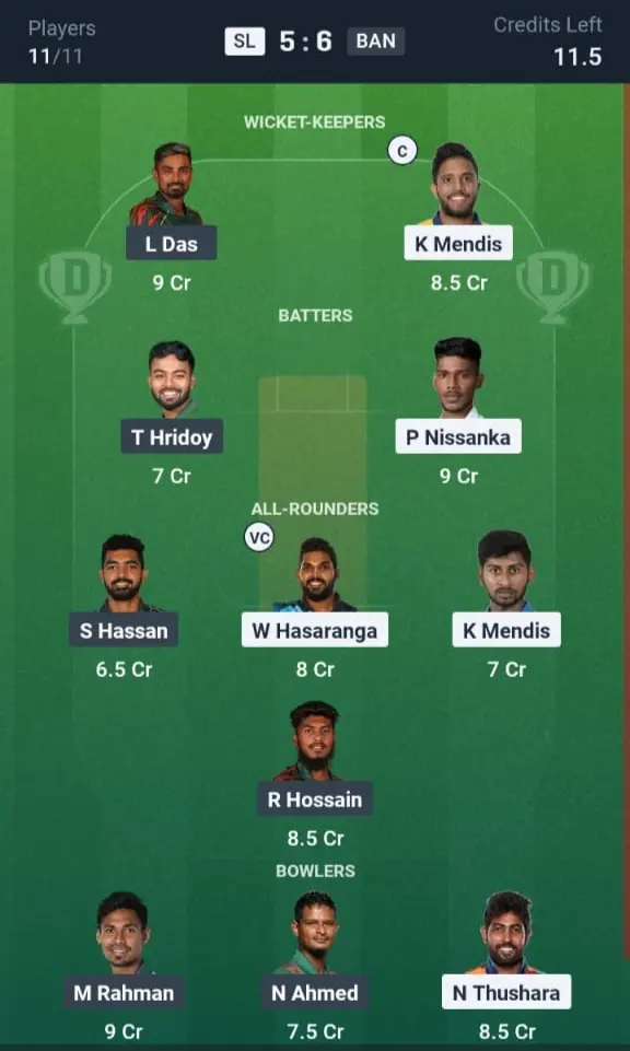 SL VS BAN Dream11 Prediction Grand League Team
