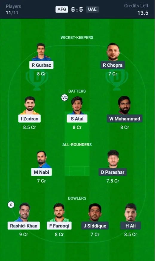UAE VS AFG Dream11 Prediction Small League Team