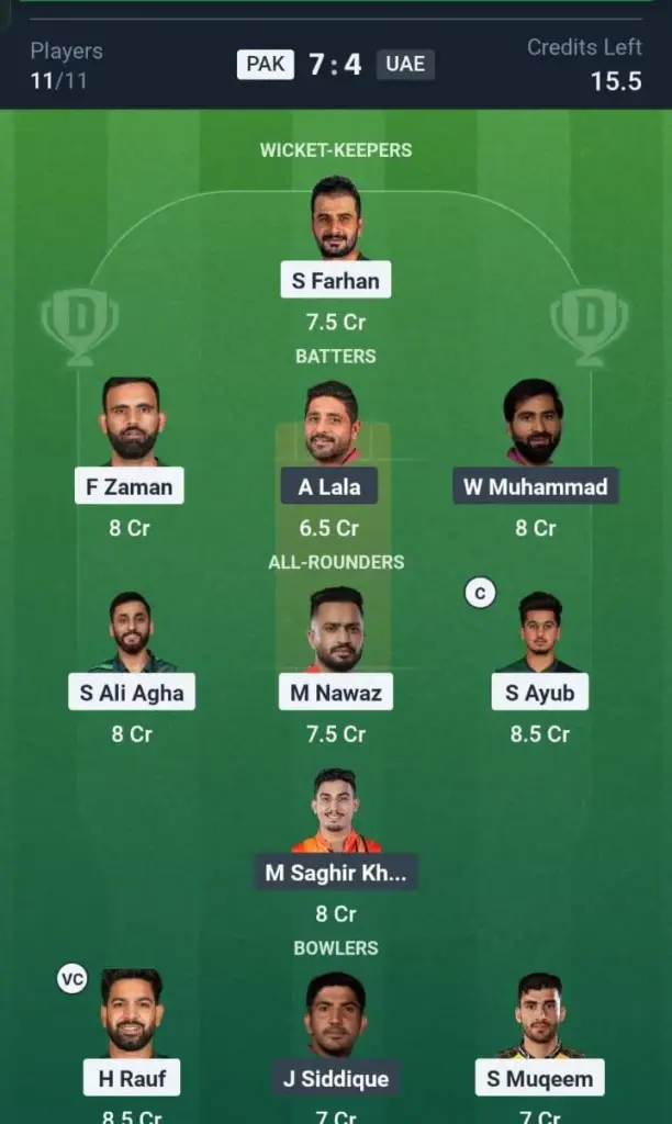 UAE VS PAK Dream11 Prediction Grand League Team