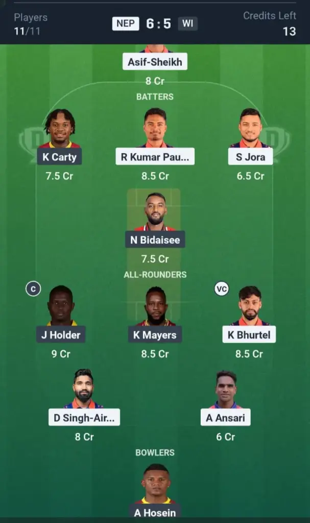 WI vs NEP Grand League Team