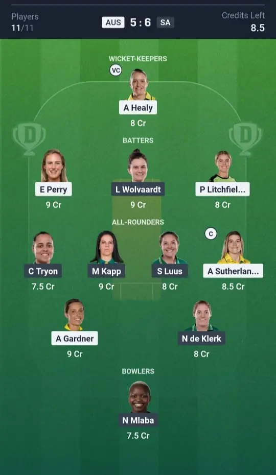 AUS-W VS SA-W Grand League Team