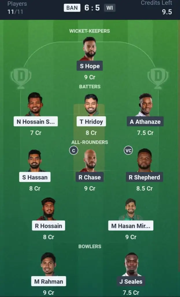BAN VS WI Dream11 Prediction Grand League Team
