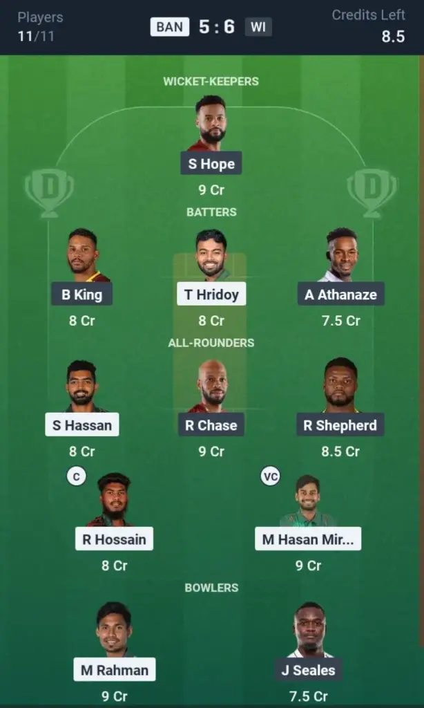 BAN vs WI Dream11 Prediction Small League Team