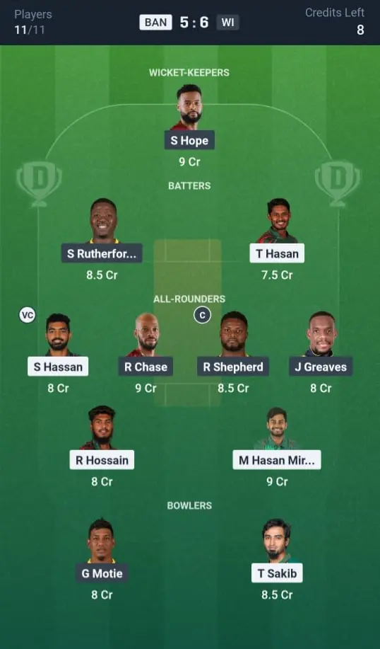 BAN vs WI Grand League Team