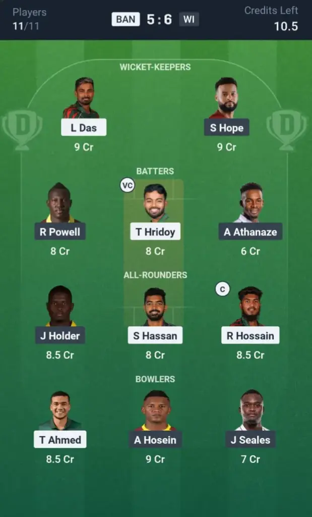 BAN VS WI Dream11 Prediction Grand League Team