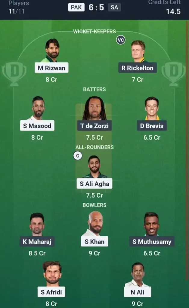 PAK VS SA Dream11 Prediction Grand League Team