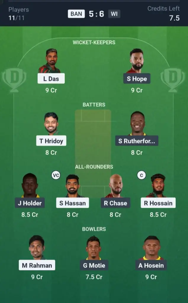 BAN VS WI ड्रीम11 भविष्यवाणी ग्रैंड लीग टीम