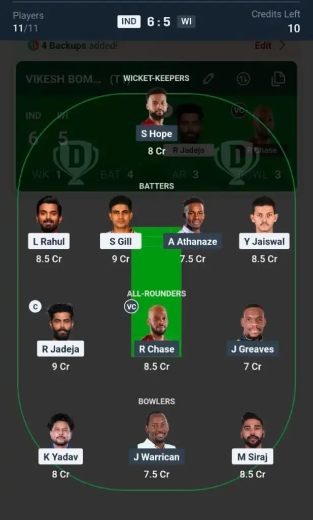 IND vs WI Grand League Team