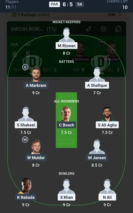 PAK VS SA Dream11 Prediction Grand League Team 