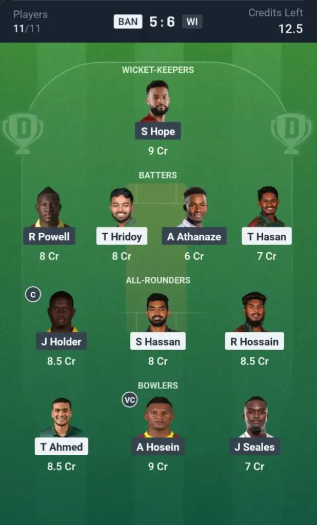 BAN vs WI Dream11 Prediction Small League Team