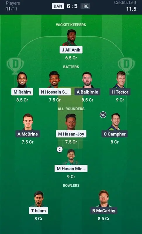 BAN vs IRE Dream11 Prediction Small League Team