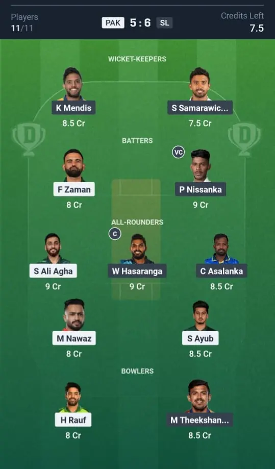 PAK VS SL Dream11 Prediction Grand League Team