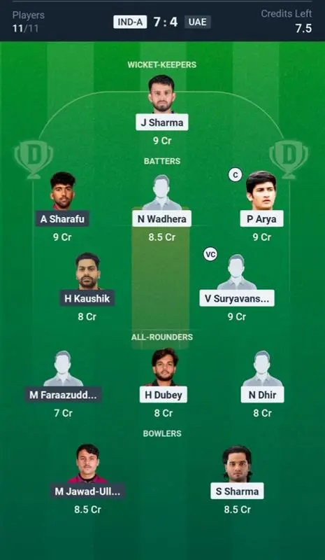 IND-A VS UAE Dream11 Prediction Grand League Team