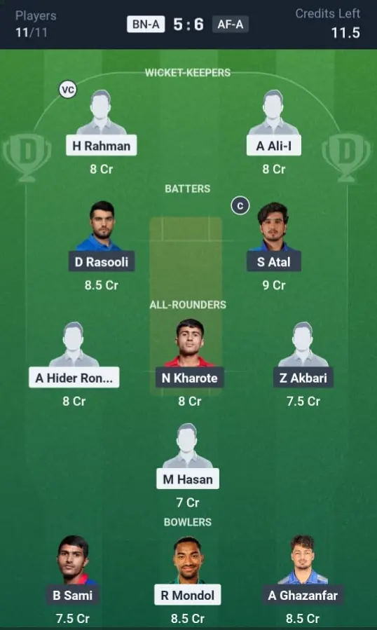 BN-A vs AF-A Dream11 Prediction Small League Team