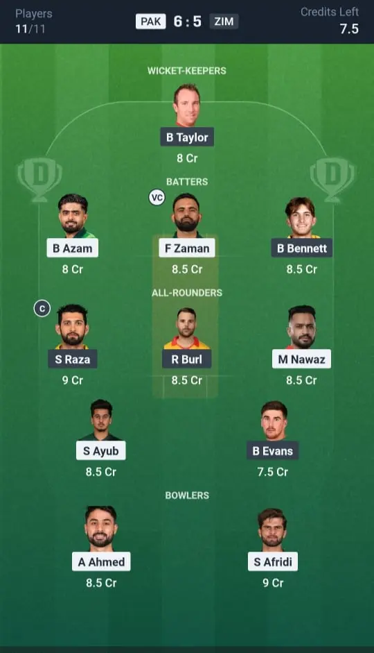 PAK VS ZIM Dream11 Prediction Grand League Team