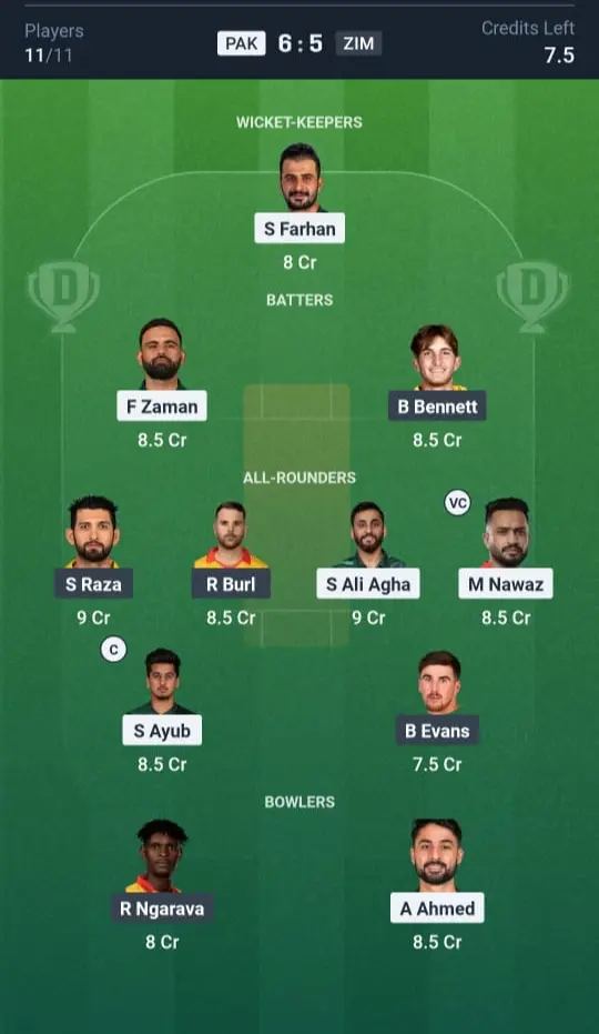 PAK vs ZIM Dream11 Prediction Small League Team
