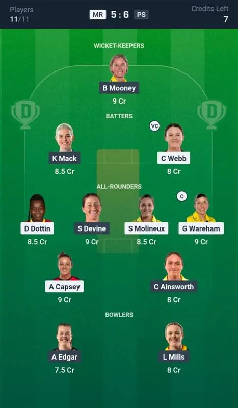 MR-W vs PS-W Dream11 Prediction Small League Team