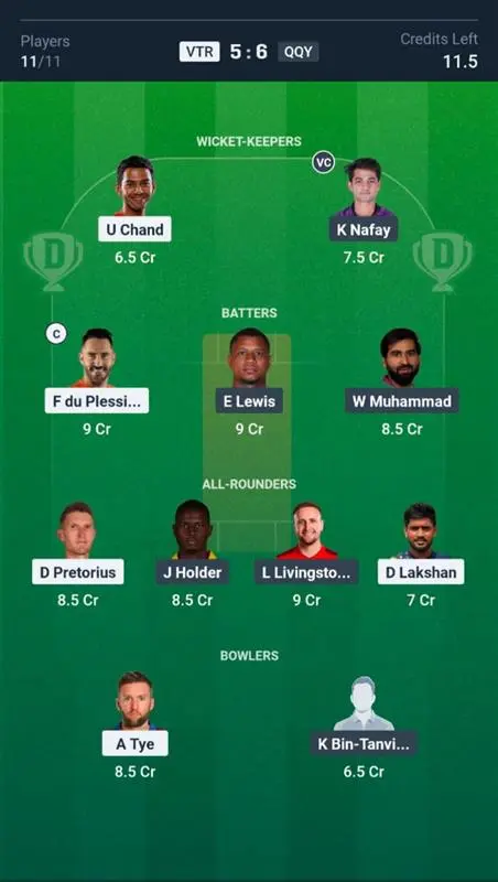 VTR vs QQY Dream11 Prediction Small League Team