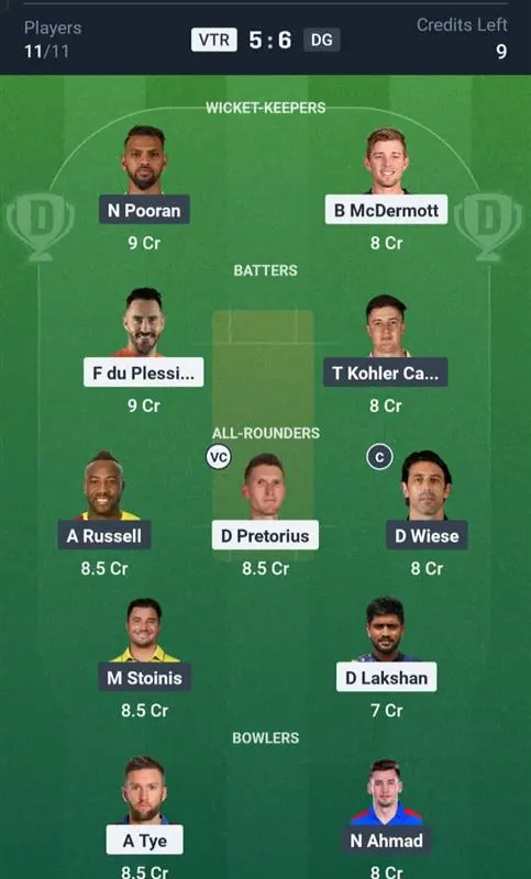 VTR VS DG Dream11 Prediction Grand League Team