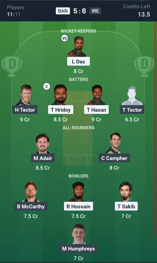 BAN vs IRE Dream11 Prediction Small League Team
