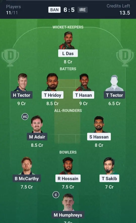 BAN VS IRE Dream11 Prediction Grand League Team